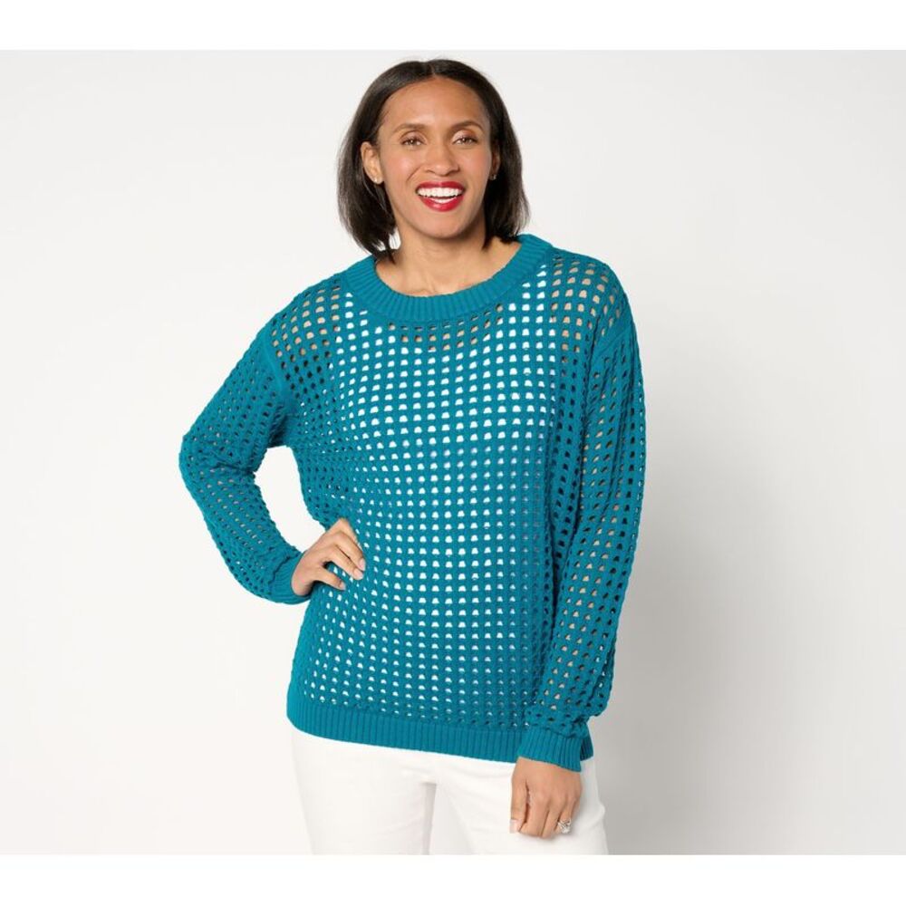 Fashion Women's Top Sweater Sz L Open Stitch Crewneck Pullover Blue A653588